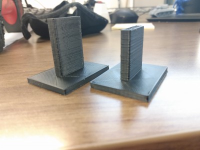 Test prints. Left is printed at 240C, right is at 240C with fan at 85% speed, still have some visible rippling.